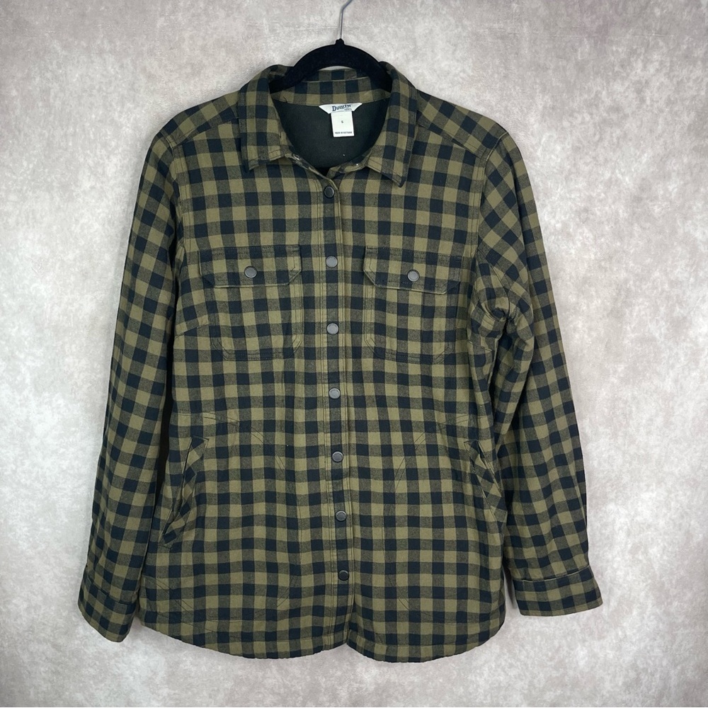 Duluth Free Swingin' Lined Flannel Shirt Jacket Olive Buffalo Check Plaid Sz S